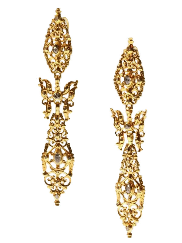 Antique Rococo Rose Cut Diamond and Gold Drop Earrings, Circa 1700’s