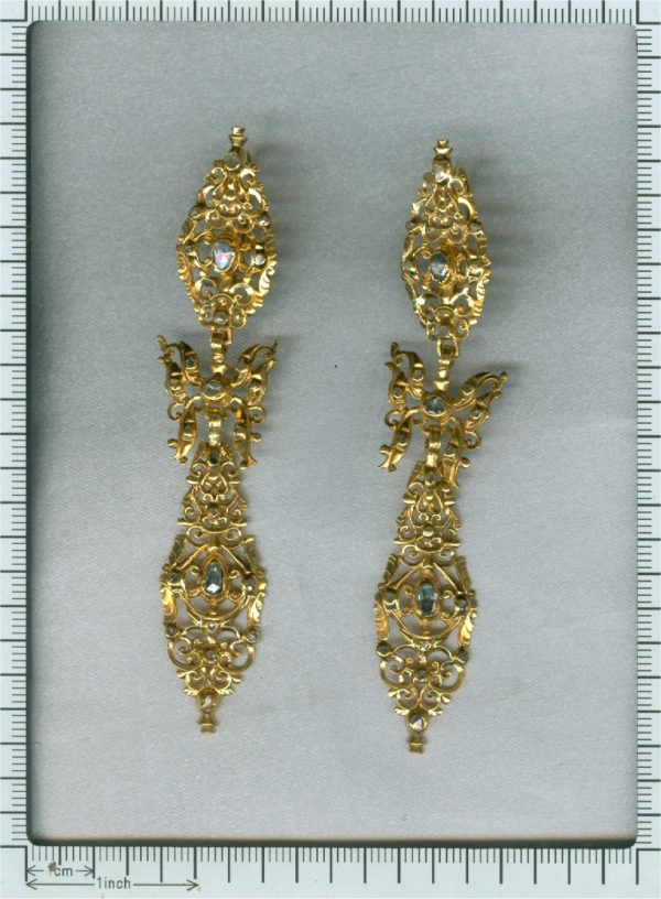 Antique Rococo Rose Cut Diamond and Gold Drop Earrings, Circa 1700’s