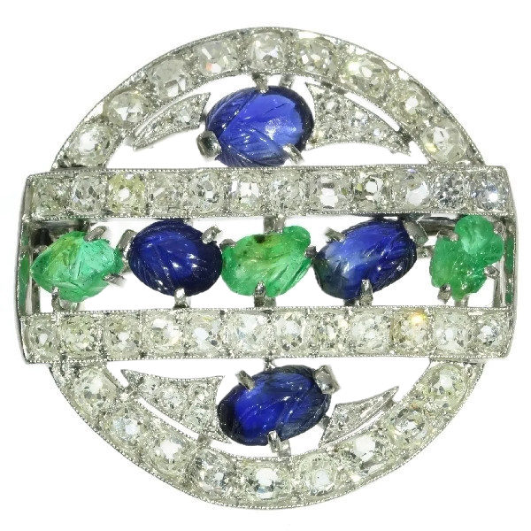 French Art Deco Diamond, Emerald and Sapphire Brooch, Platinum