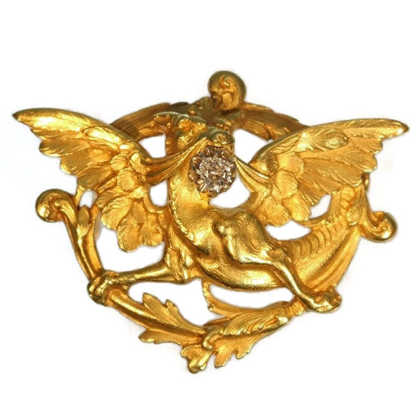 Victorian / Art Nouveau Old Cut Diamond ‘Griffin’ Brooch, 18ct Yellow Gold