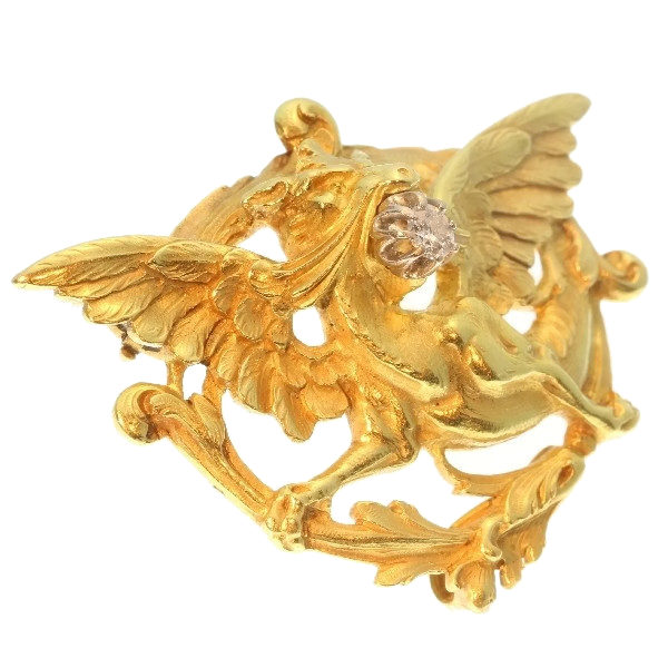 Victorian / Art Nouveau Old Cut Diamond ‘Griffin’ Brooch, 18ct Yellow Gold