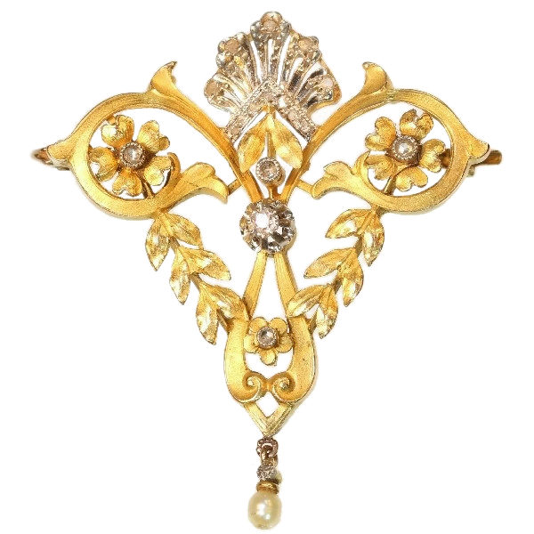 Late Victorian Belle Epoque Diamond Pearl and 18ct Gold Pendant Brooch