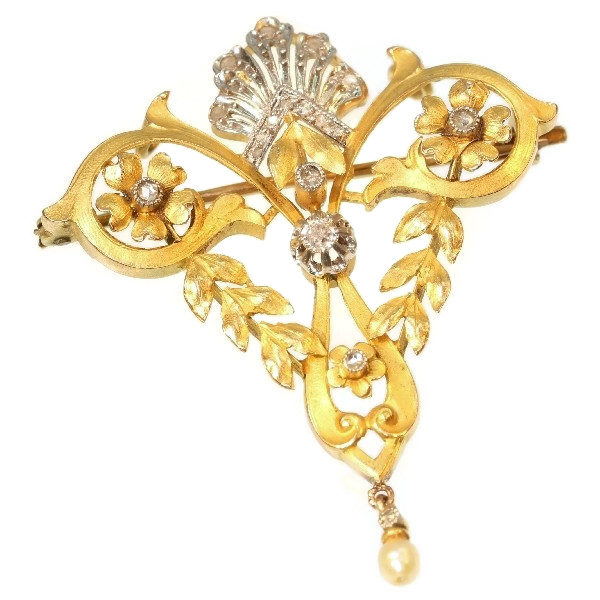 Late Victorian Belle Epoque Diamond Pearl and 18ct Gold Pendant Brooch