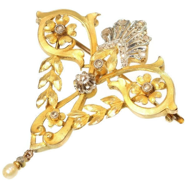 Late Victorian Belle Epoque Diamond Pearl and 18ct Gold Pendant Brooch