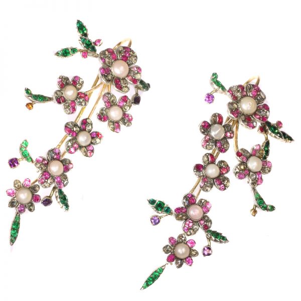 Rococo Style Old Cut Diamond Pearl and Ruby Flower Drop Earrings