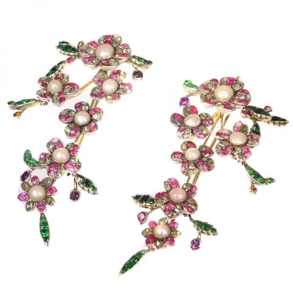 Rococo Style Old Cut Diamond Pearl and Ruby Flower Drop Earrings