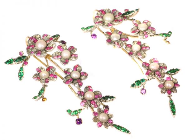 Rococo Style Old Cut Diamond Pearl and Ruby Flower Drop Earrings