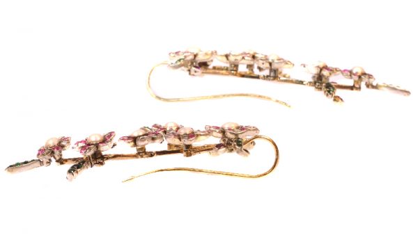 Rococo Style Old Cut Diamond Pearl and Ruby Flower Drop Earrings