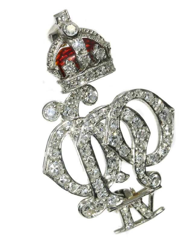 Antique Art Deco Diamond Set Enamelled Platinum Crest of the 4th Queen's Own Hussars