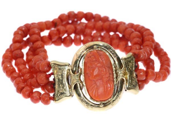 Antique Victorian Coral Cameo Bracelet with Faceted Coral Beads