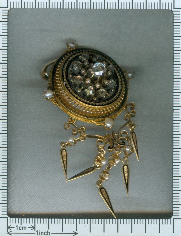 antique Victorian rose cut diamond and pearl enamelled pendant brooch