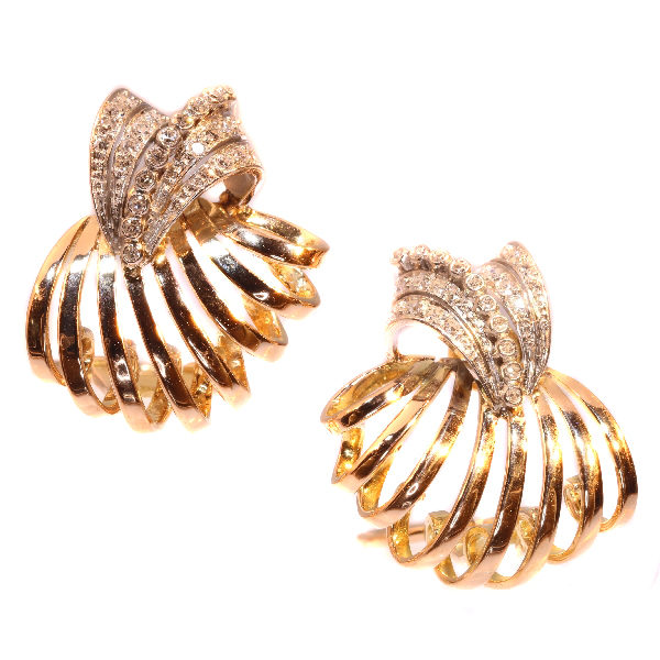 Vintage Fifties Diamond Ear Clips, Pink Gold and Platinum