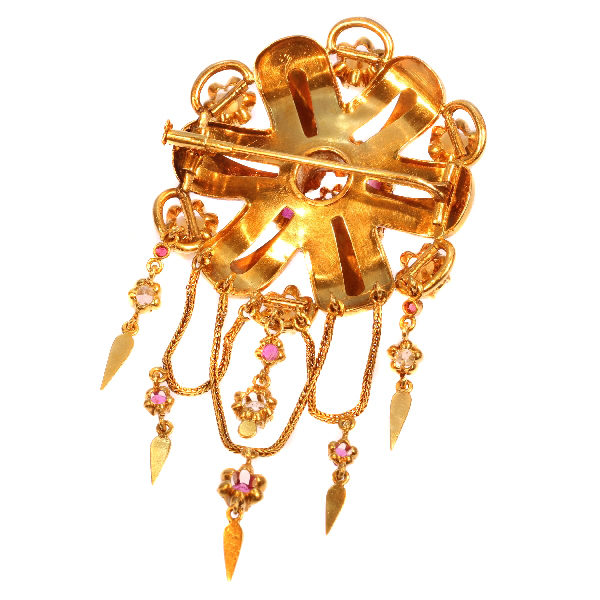 Antique Victorian Enamel and Gem Set Gold Fringe Brooch