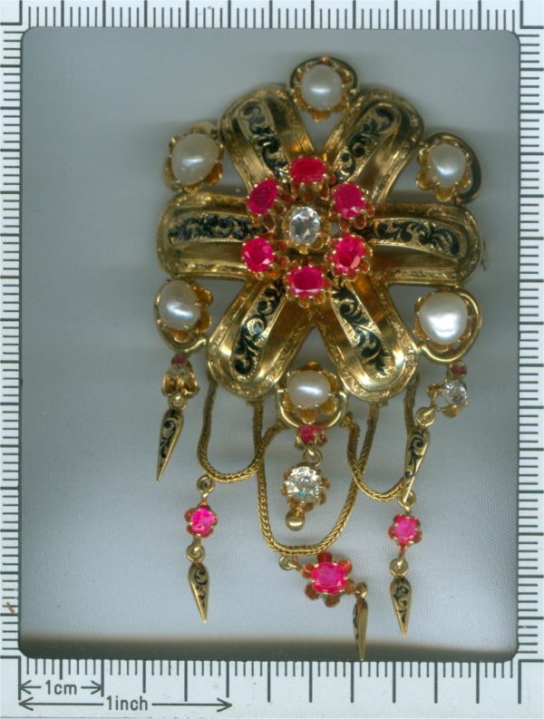 Antique Victorian Enamel and Gem Set Gold Fringe Brooch