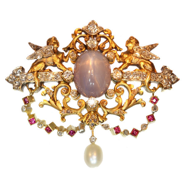 Antique Victorian French Diamond and Star Sapphire Sphinx Brooch