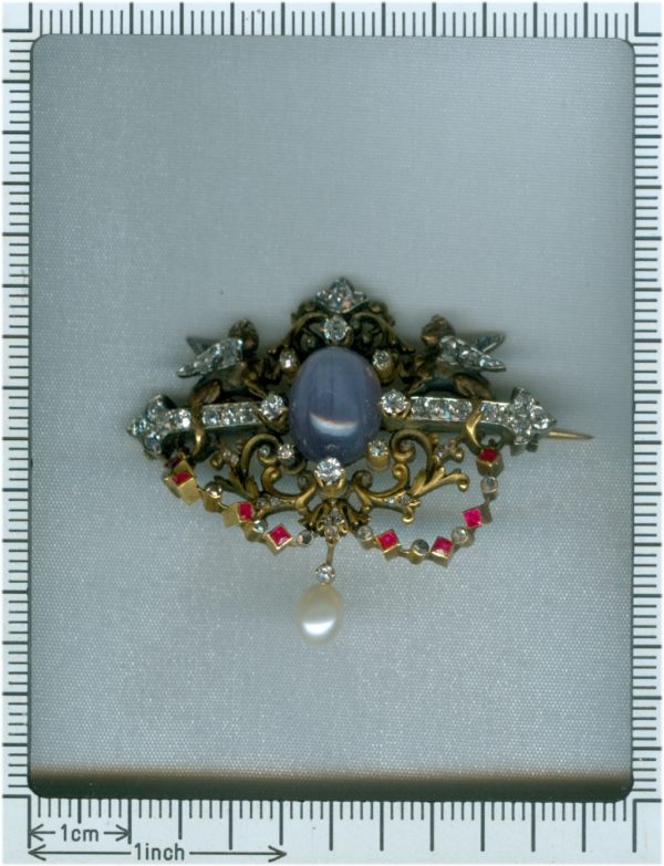 Antique Victorian French Diamond and Star Sapphire Sphinx Brooch