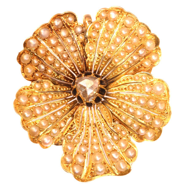 Antique Victorian Diamond and Pearl Gold Pansy Pendant Brooch