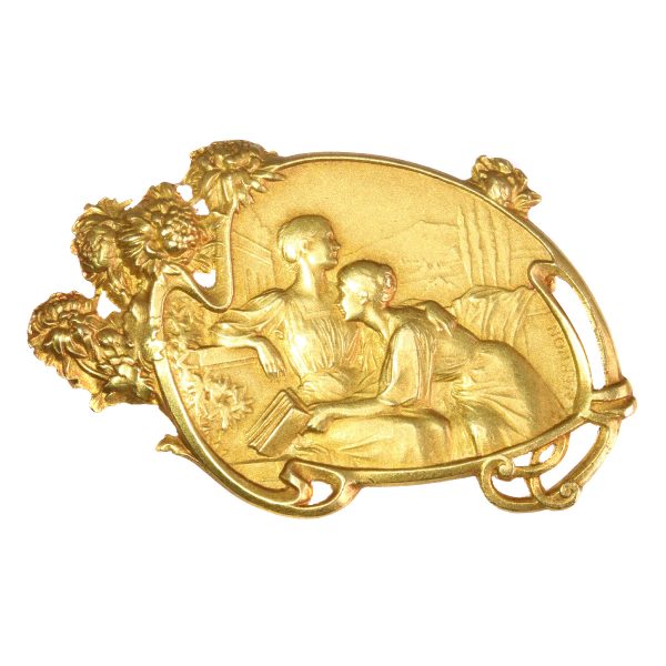 Antique Art Nouveau Vernon 18ct Gold Brooch Depicting Friendship Between Two Women