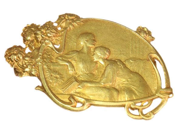 Antique Art Nouveau Vernon 18ct Gold Brooch Depicting Friendship Between Two Women