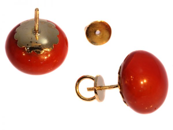 Antique Victorian Cabochon Cut Red Coral Gold Stud Earrings