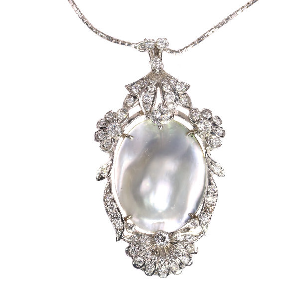 Vintage Diamond and Pearl Pendant Necklace, 18ct White Gold