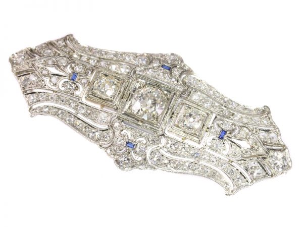 Antique Art Deco Diamond and Sapphire Platinum Brooch