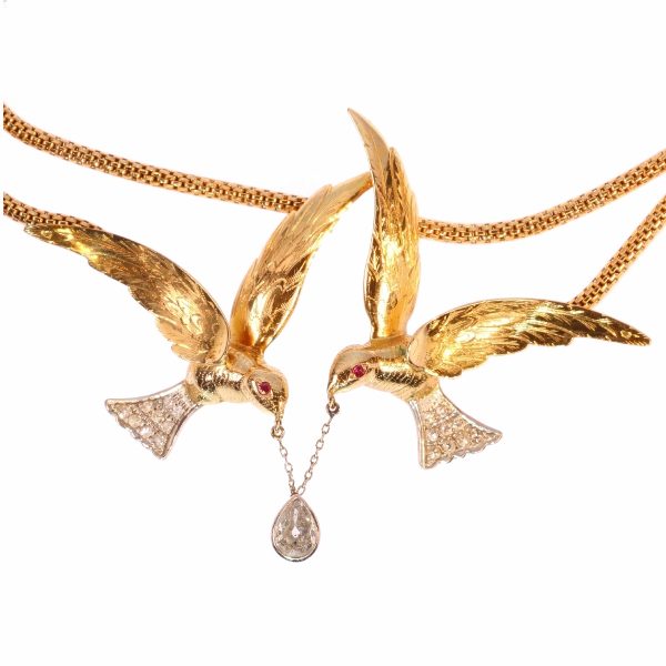 Vintage French Necklace Two Flying Swallows Carrying a Pear Shaped Diamond