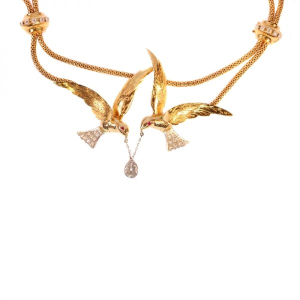 Vintage French Necklace Two Flying Swallows Carrying a Pear Shaped Diamond