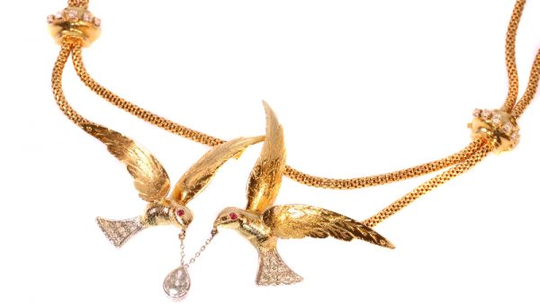 Vintage French Necklace Two Flying Swallows Carrying a Pear Shaped Diamond