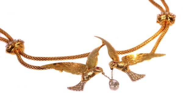 Vintage French Necklace Two Flying Swallows Carrying a Pear Shaped Diamond