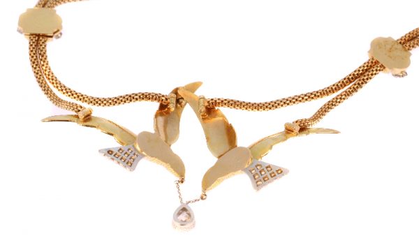 Vintage French Necklace Two Flying Swallows Carrying a Pear Shaped Diamond