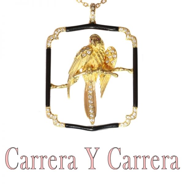 Vintage Carrera Y Carrera Gold Diamond and Onyx Parrot Pendant Necklace