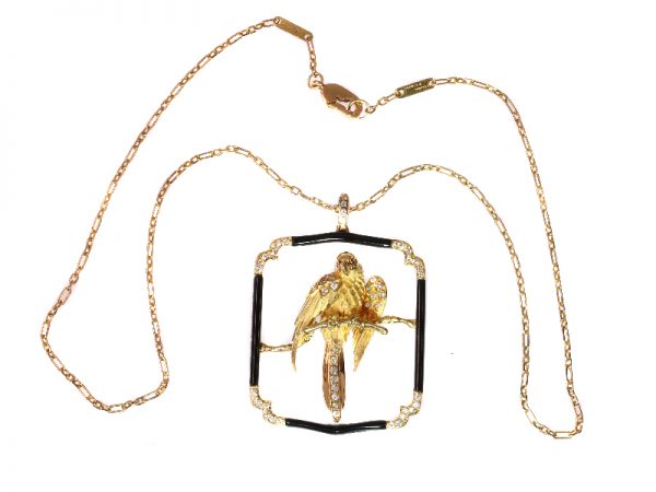 Vintage Carrera Y Carrera Gold Diamond and Onyx Parrot Pendant Necklace