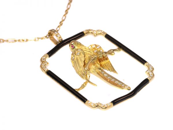 Vintage Carrera Y Carrera Gold Diamond and Onyx Parrot Pendant Necklace