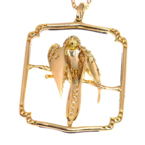 Vintage Carrera Y Carrera Gold Diamond and Onyx Parrot Pendant Necklace