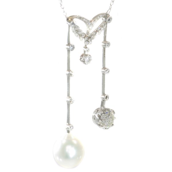 Antique French Belle Epoque Platinum Diamond and Pearl Négligé Necklace