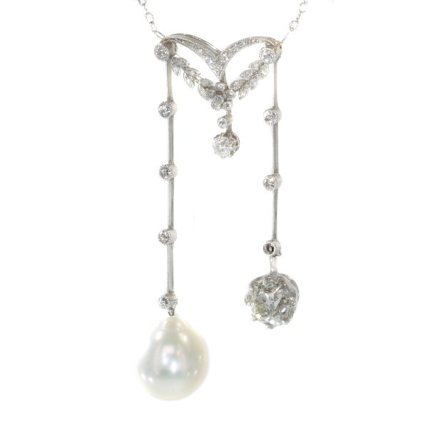 Antique French Belle Epoque Platinum Diamond and Pearl Négligé Necklace