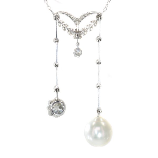 Antique French Belle Epoque Platinum Diamond and Pearl Négligé Necklace