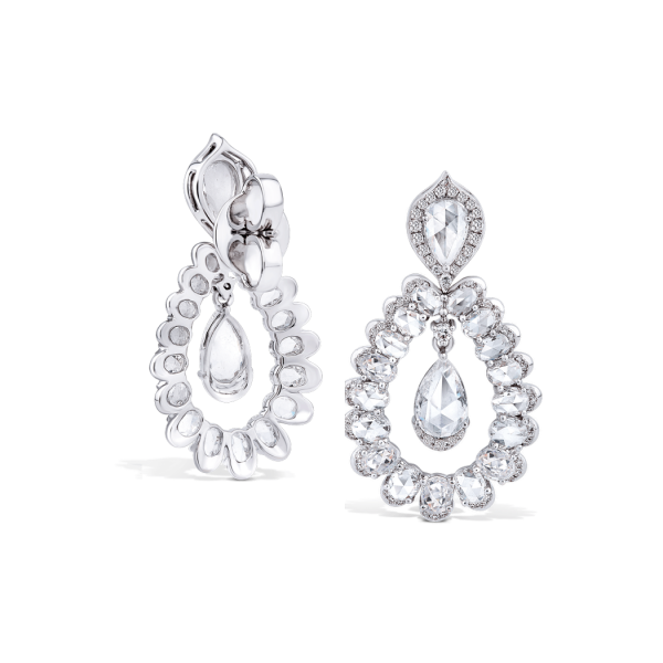 Rose Cut Pear Diamond Drop Earrings, 5.11 carats, in 18ct white gold