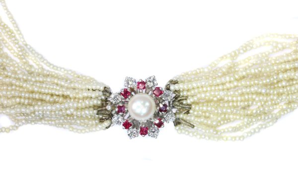 Vintage Diamond and Ruby Set Pearl Necklace with 13000 Pearls
