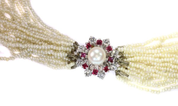 Vintage Diamond and Ruby Set Pearl Necklace with 13000 Pearls