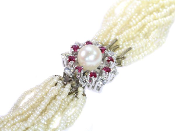 Vintage Diamond and Ruby Set Pearl Necklace with 13000 Pearls