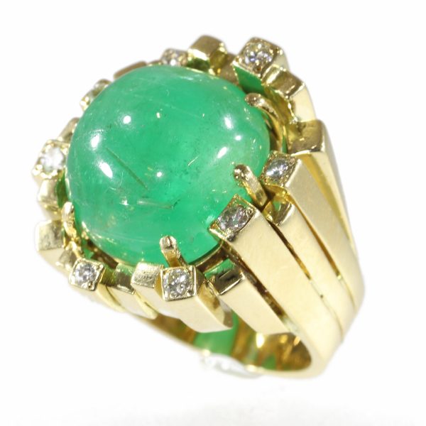 Vintage Seventies Emerald and Diamond Ring, 18ct Yellow Gold