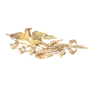 Antique Victorian Gold Bird on a Branch Brooch with Natural Half Seed Pearls