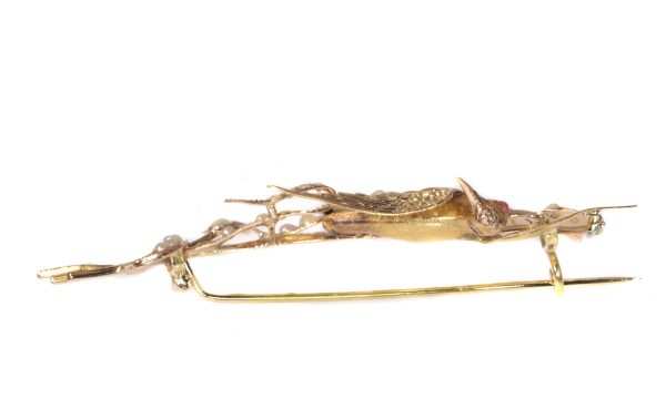 Antique Victorian Gold Bird on a Branch Brooch with Natural Half Seed Pearls