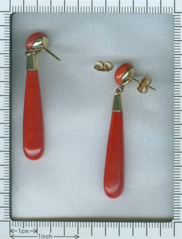 Fine Vintage Blood Coral Gold Drop Earrings