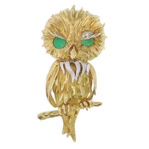 Vintage French Diamond Set Gold Owl Brooch