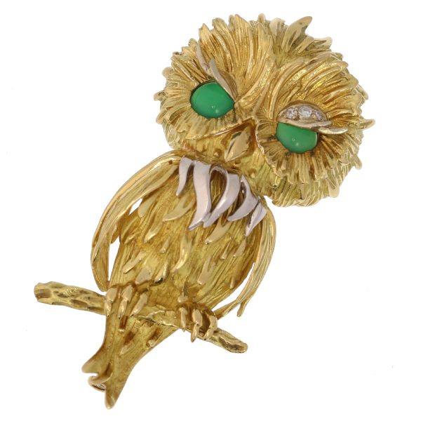 Vintage French Diamond Set Gold Owl Brooch