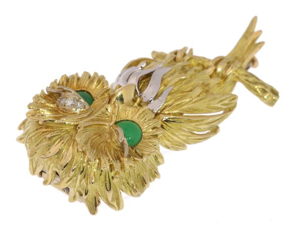 Vintage French Diamond Set Gold Owl Brooch