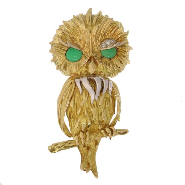 Vintage French Diamond Set Gold Owl Brooch